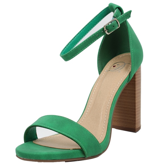 Size 5.5 Emerald Open Toe Ankle Strap Stacked Heel - Picture 2 of 5